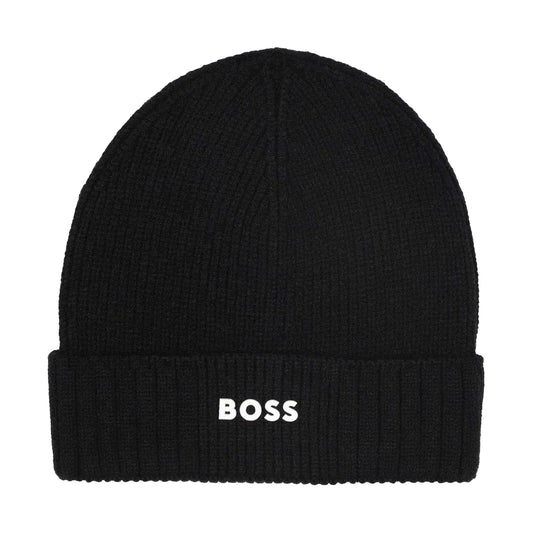 Black - Front - Boss Childrens-Kids Logo Ribbed Casual Beanie