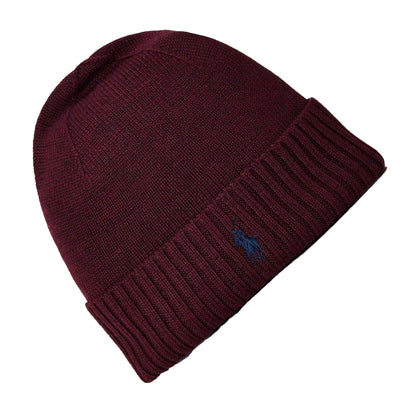 Wine Red - Back - Ralph Lauren Mens Embroidered Logo Merino Wool Winter Beanie