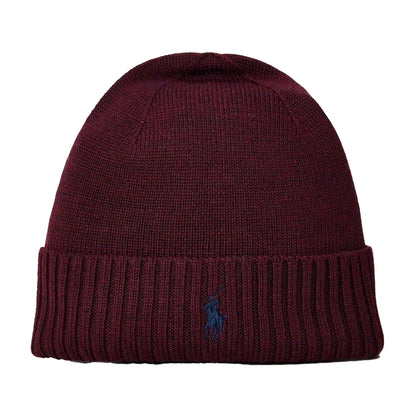 Wine Red - Front - Ralph Lauren Mens Embroidered Logo Merino Wool Winter Beanie