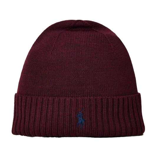 Wine Red - Front - Ralph Lauren Mens Embroidered Logo Merino Wool Winter Beanie