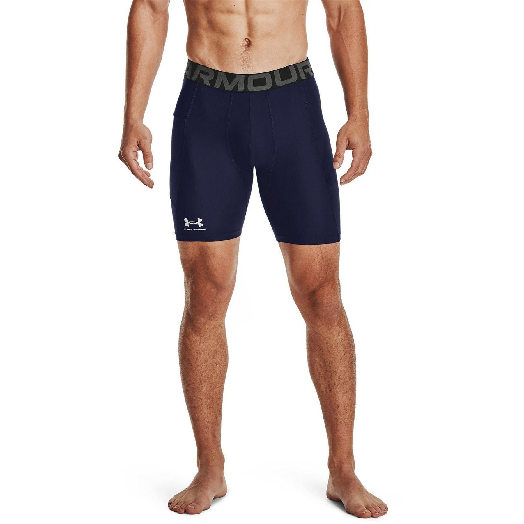 Navy-White - Side - Under Armour Mens HeatGear Fitted Compression Shorts