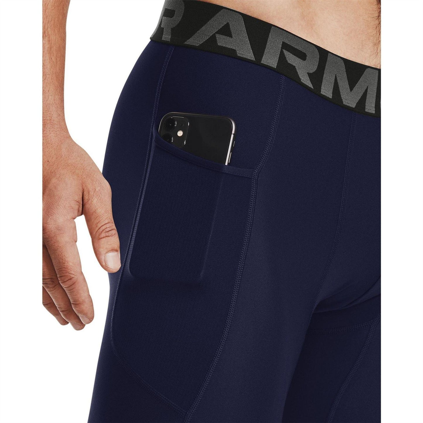 Navy-White - Pack Shot - Under Armour Mens HeatGear Fitted Compression Shorts