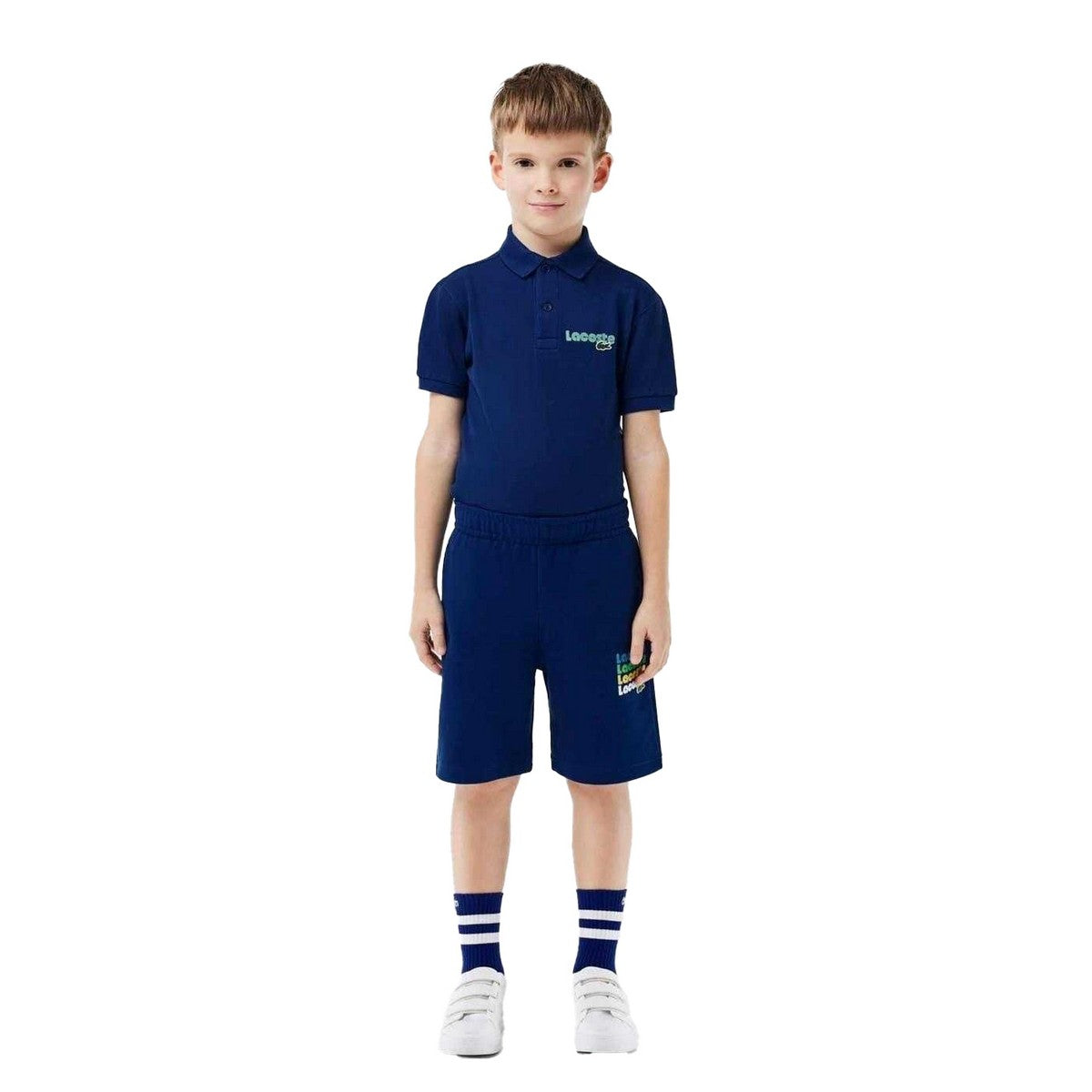 Navy - Side - Lacoste Childrens-Kids Cotton Blend Relaxed Fit Sweat Shorts