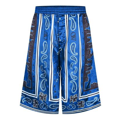 Nautical Blue - Front - Off White Mens Satin Loose Fit Shorts