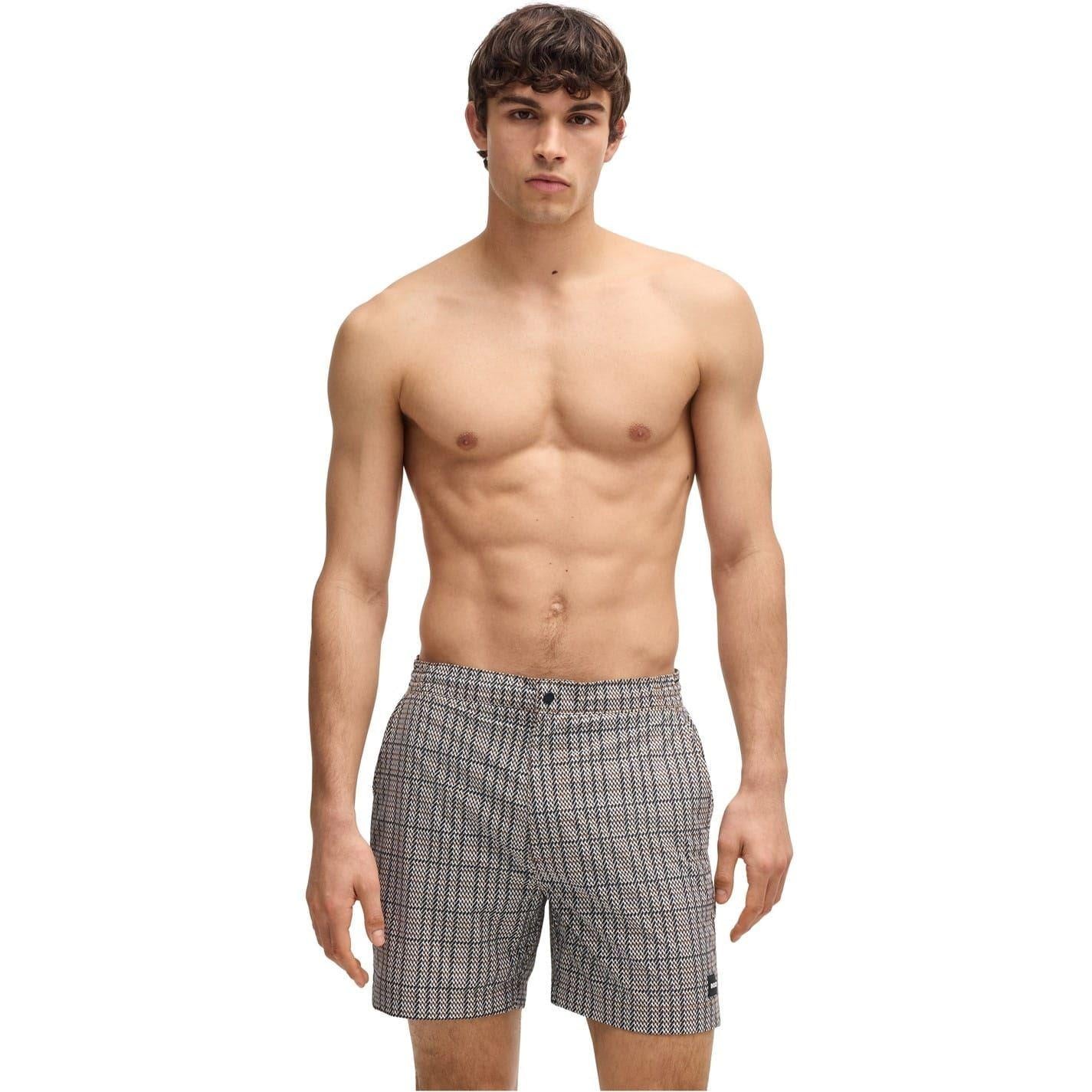 Black - Side - Boss Mens Plaid Swim Shorts