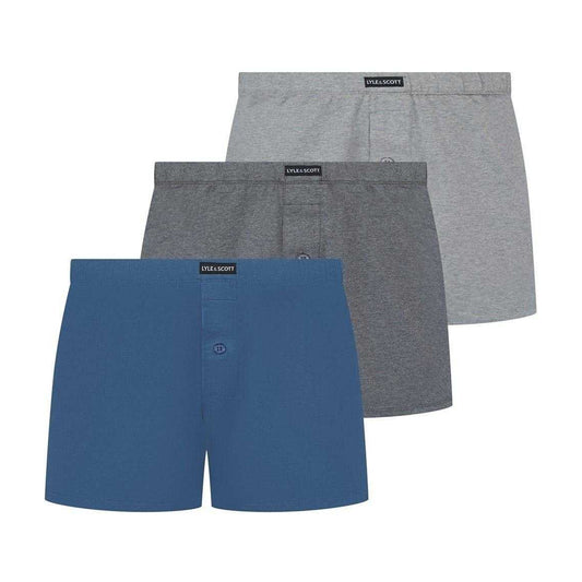 Grey-Blue - Front - Lyle & Scott Mens Plain Jersey Knit Boxer Shorts (Pack of 3)