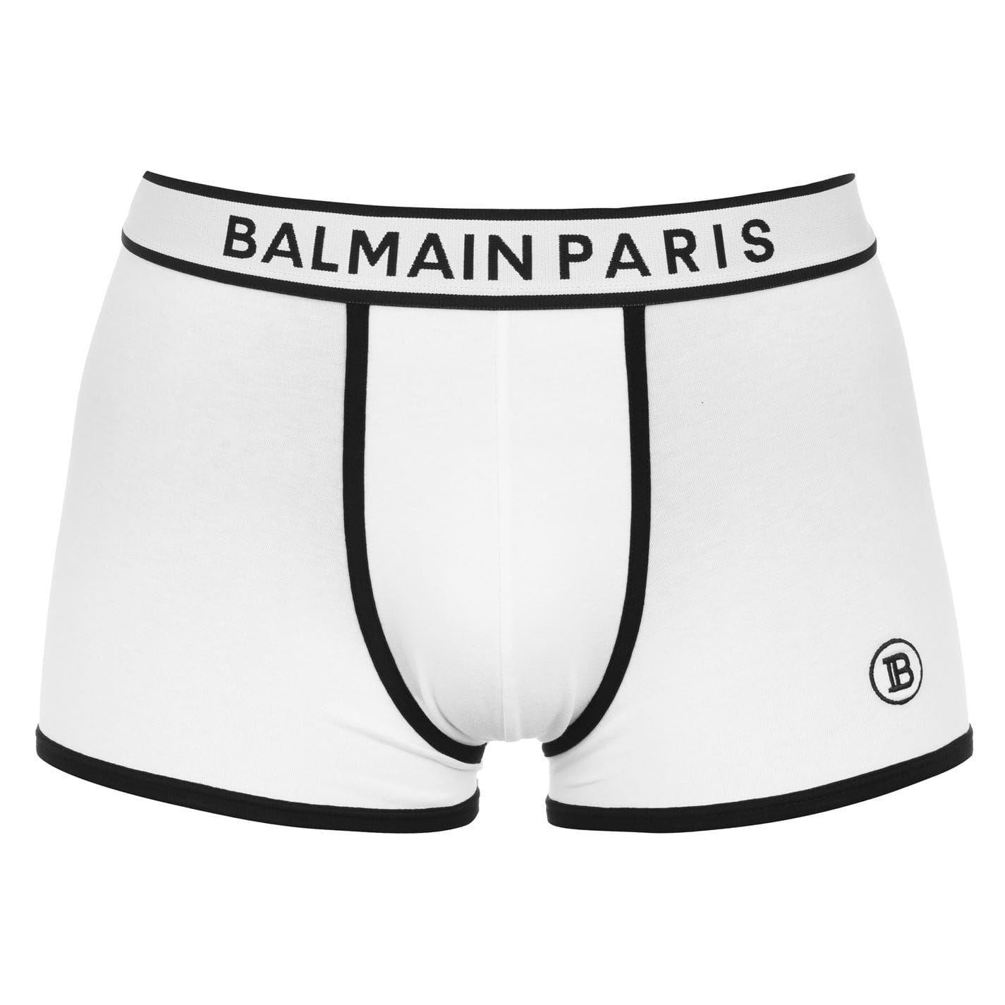 White - Front - Balmain Mens Paris Logo Cotton Jersey Boxer Shorts