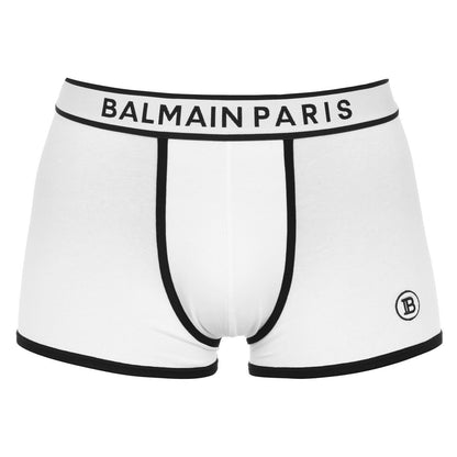 White - Front - Balmain Mens Paris Logo Cotton Jersey Boxer Shorts