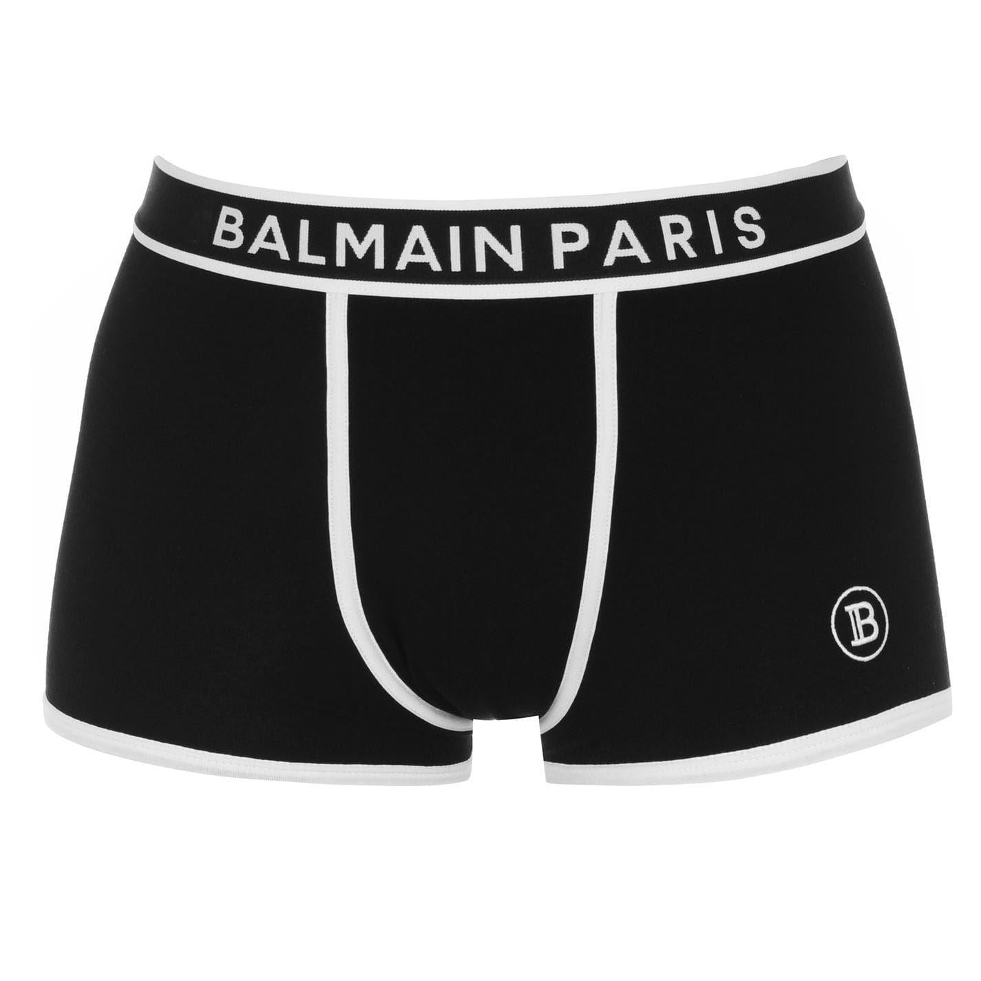 Black-White - Front - Balmain Mens Paris Logo Cotton Jersey Boxer Shorts