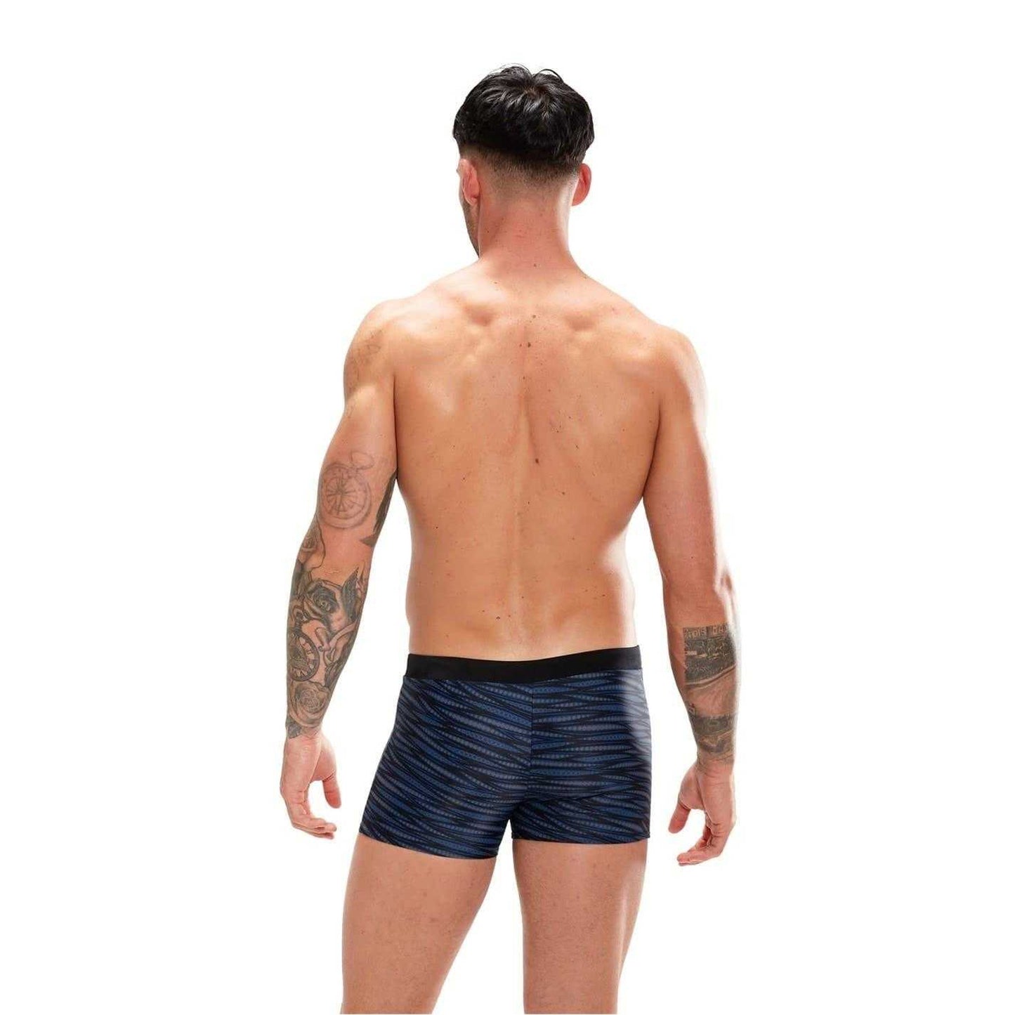 Black-Blue - Back - Speedo Mens Valmilton Wavy Pattern Slim Swimming Trunks