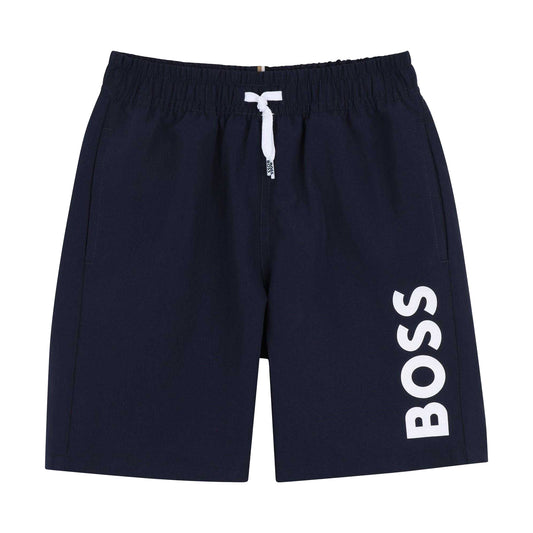 Navy - Front - Hugo Childrens-Kids Logo Swim Shorts