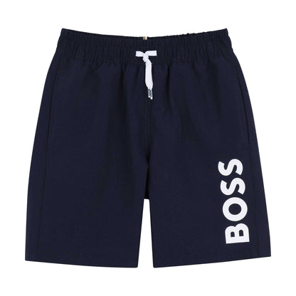 Navy - Front - Hugo Childrens-Kids Logo Swim Shorts