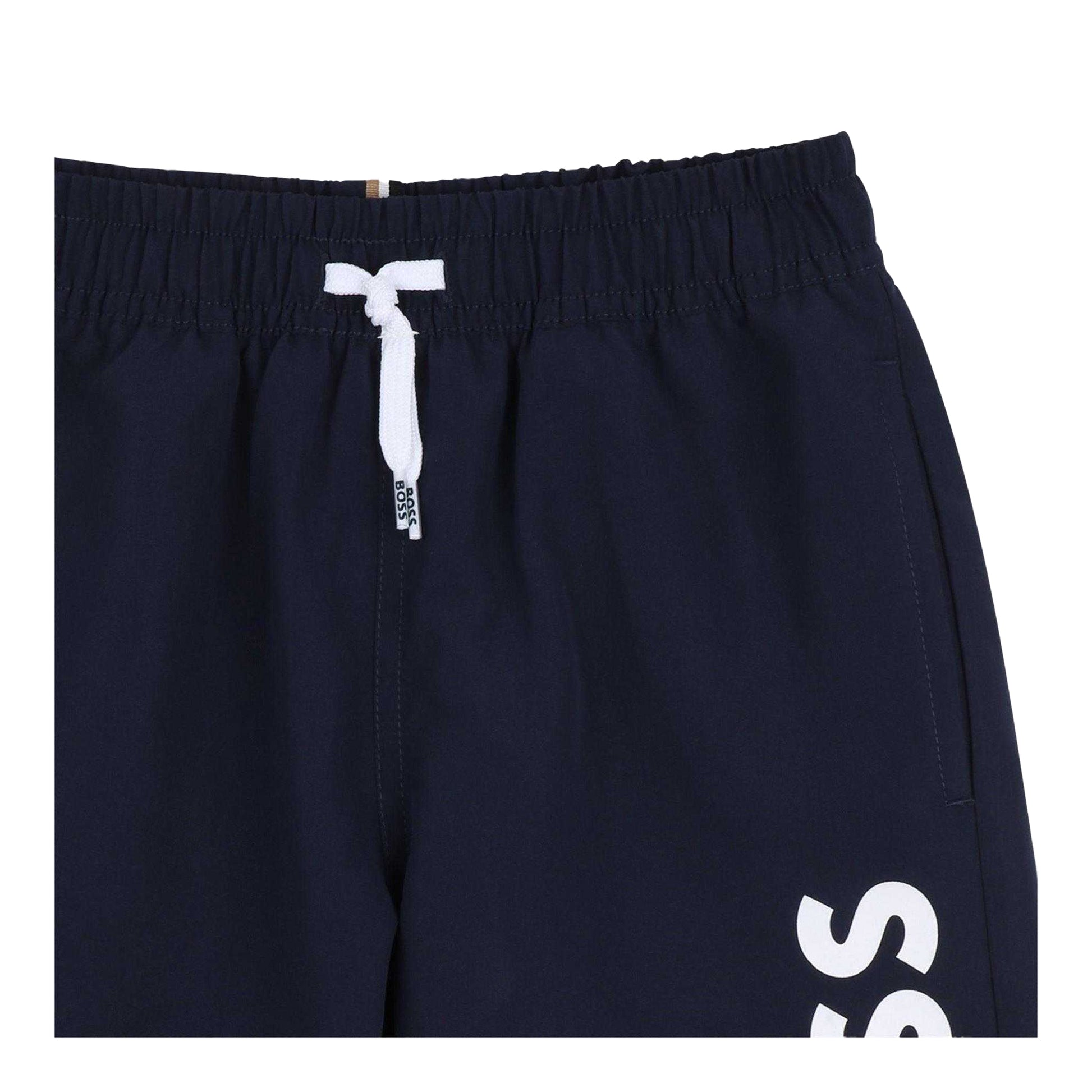 Navy - Side - Hugo Childrens-Kids Logo Swim Shorts