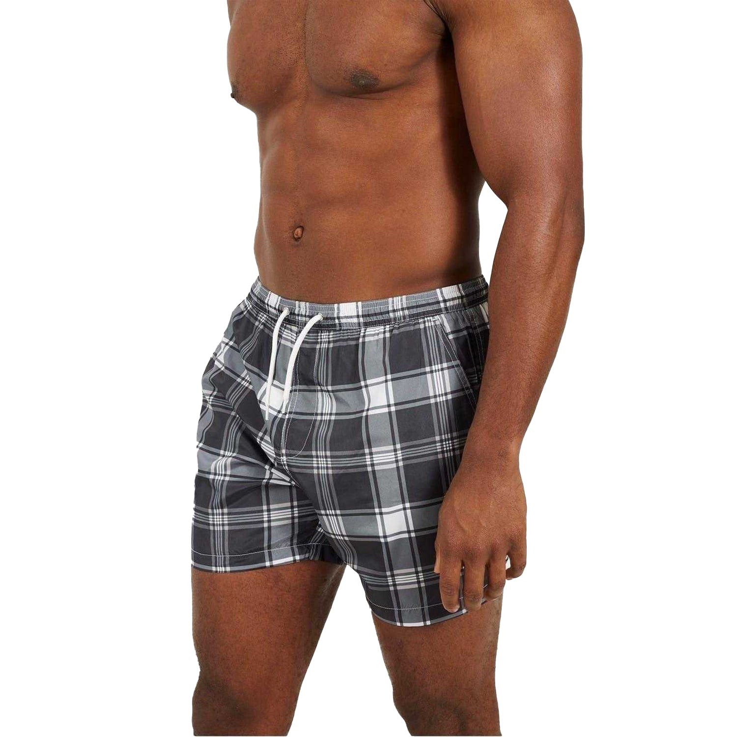 Black-White - Side - Brave Soul Mens Checked Swim Shorts