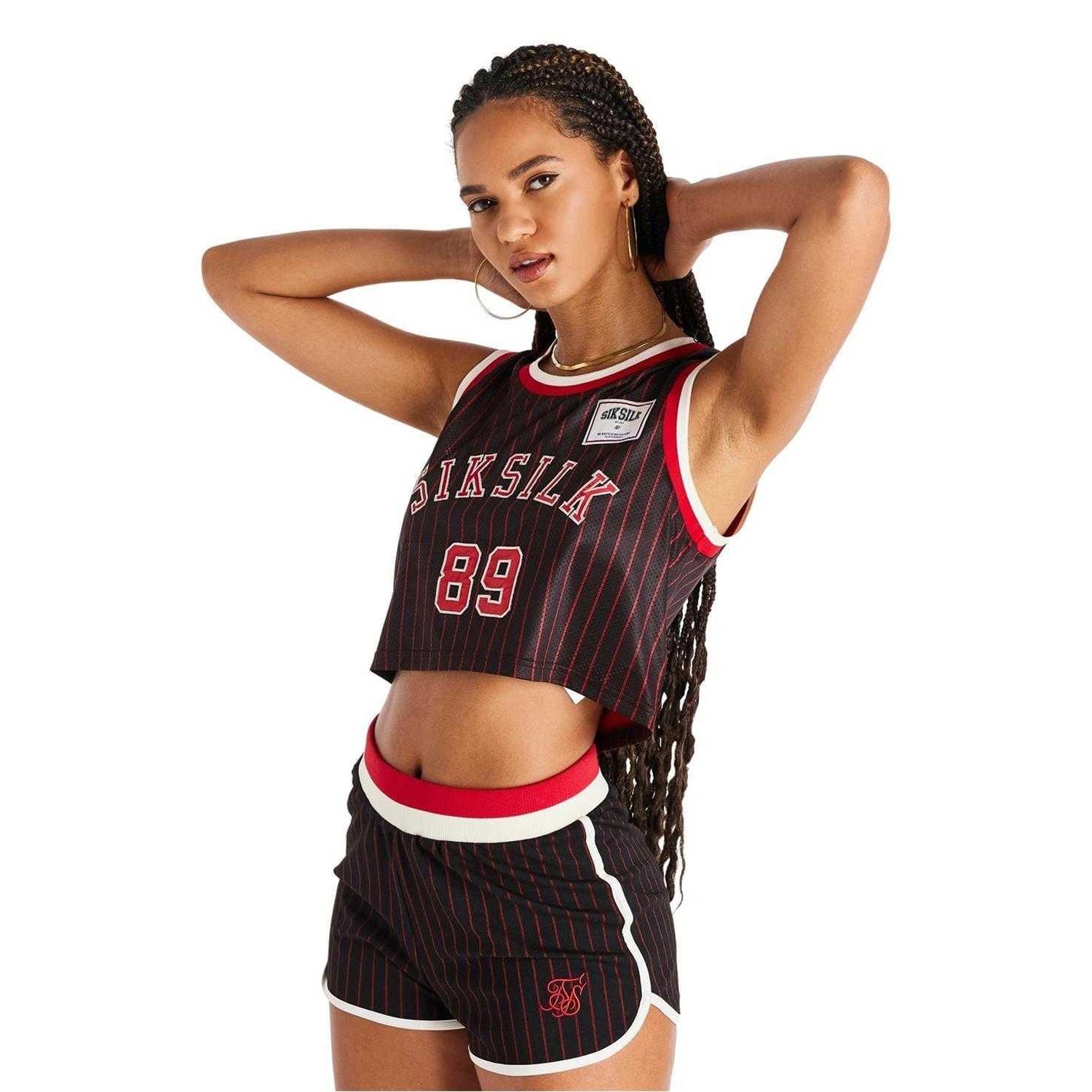 Black-Red - Front - SikSilk Womens-Ladies Pinstripe Top & Shorts Set
