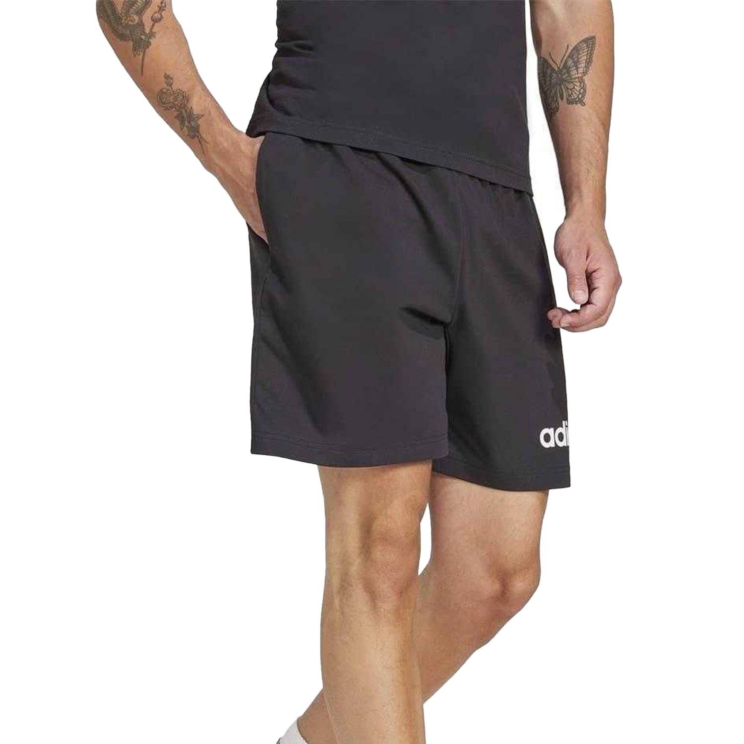 Black-White - Side - Adidas Mens Essentials Linear Single Jersey Shorts