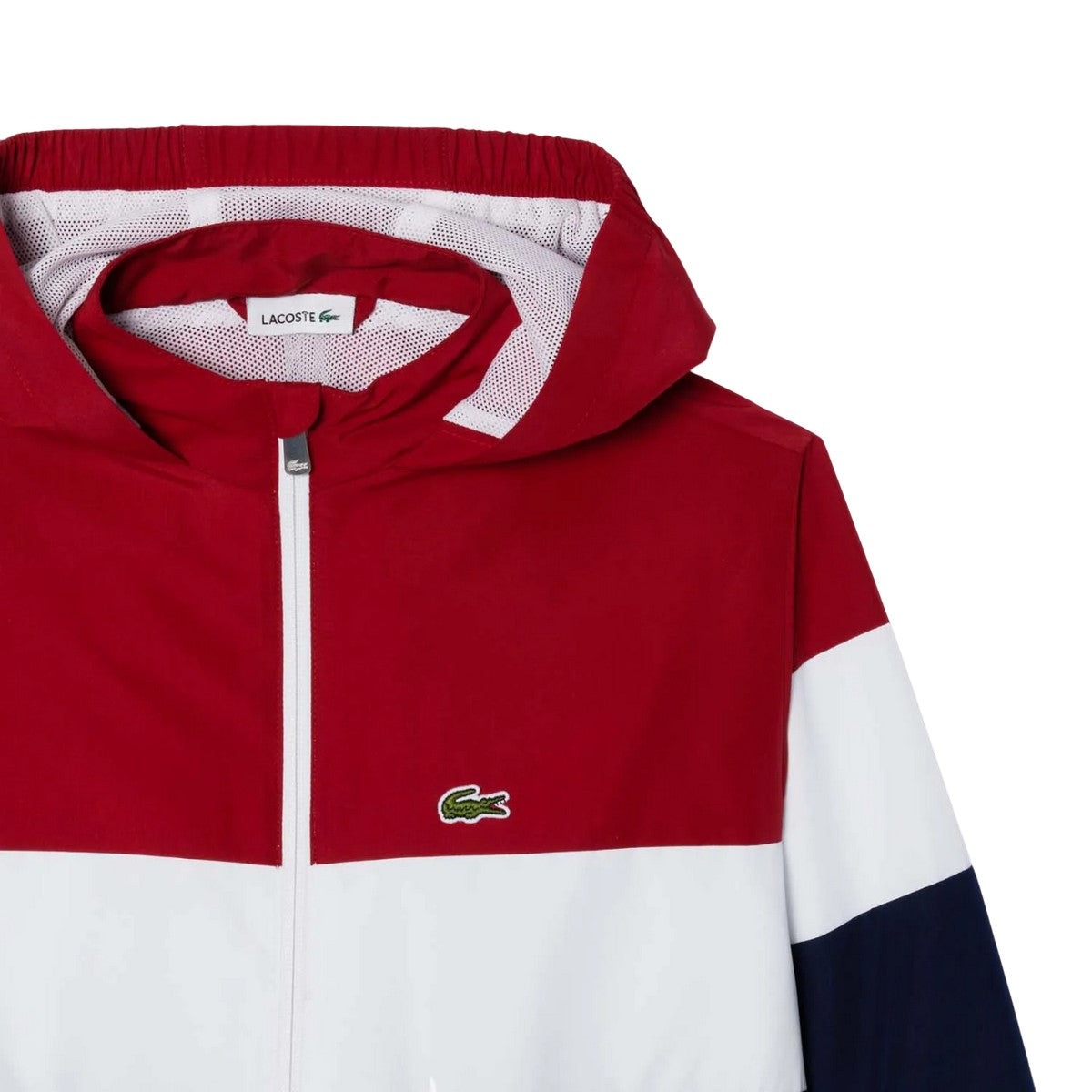 Red-White-Navy - Side - Lacoste Childrens-Kids Hooded Recycled Polyester Zipped Jacket