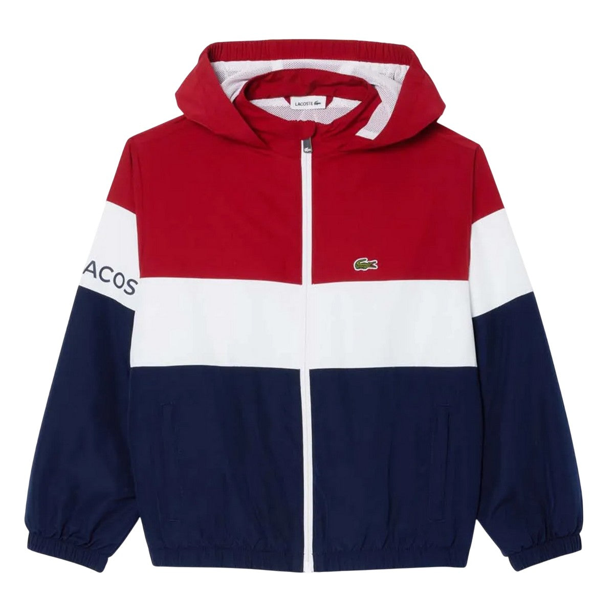 Red-White-Navy - Front - Lacoste Childrens-Kids Hooded Recycled Polyester Zipped Jacket