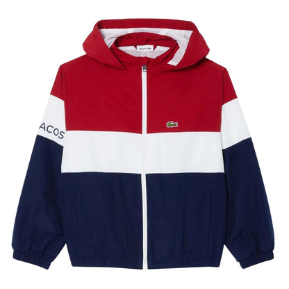 Red-White-Navy - Front - Lacoste Childrens-Kids Hooded Recycled Polyester Zipped Jacket