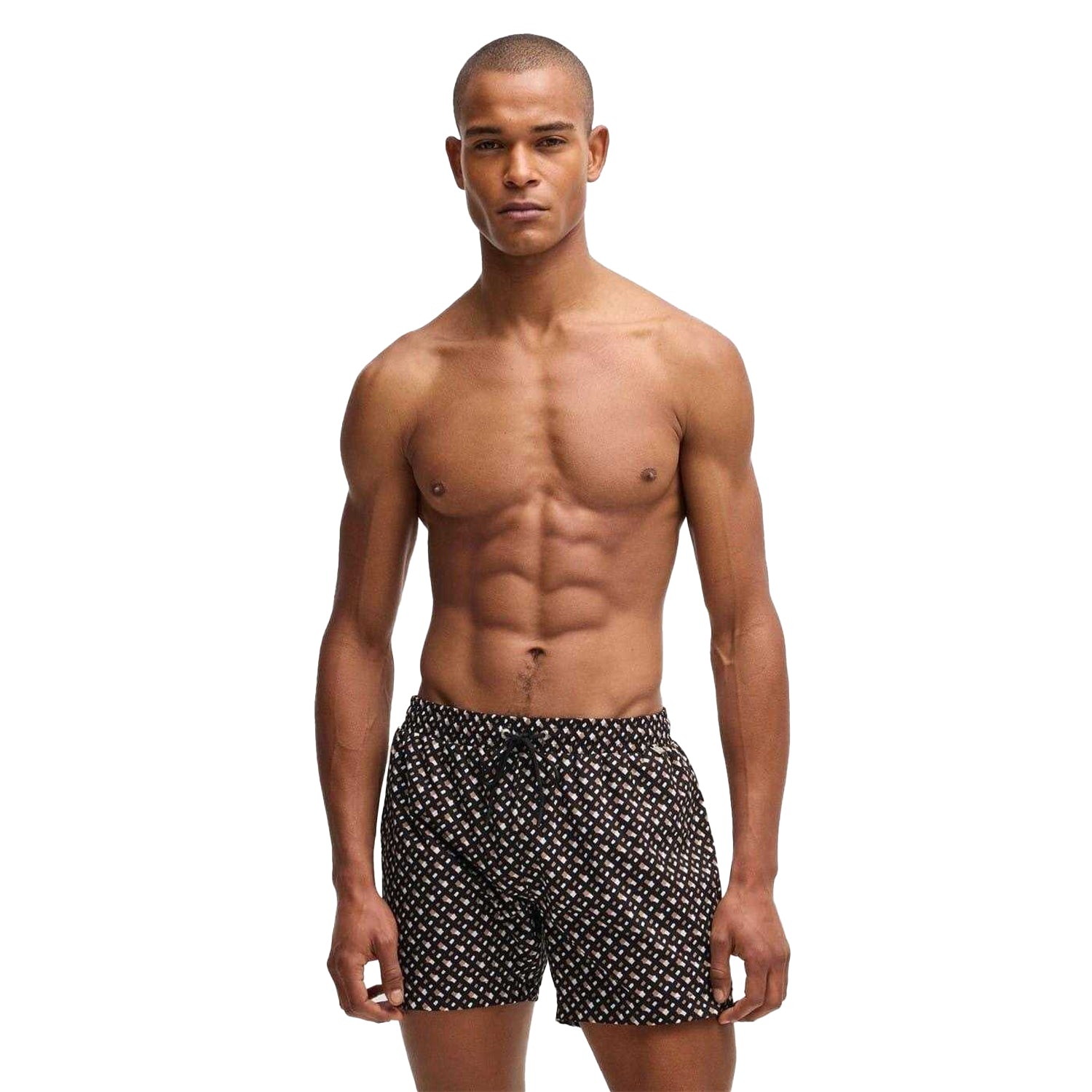 Black - Side - Boss Mens Geometric Quick Dry Swim Shorts