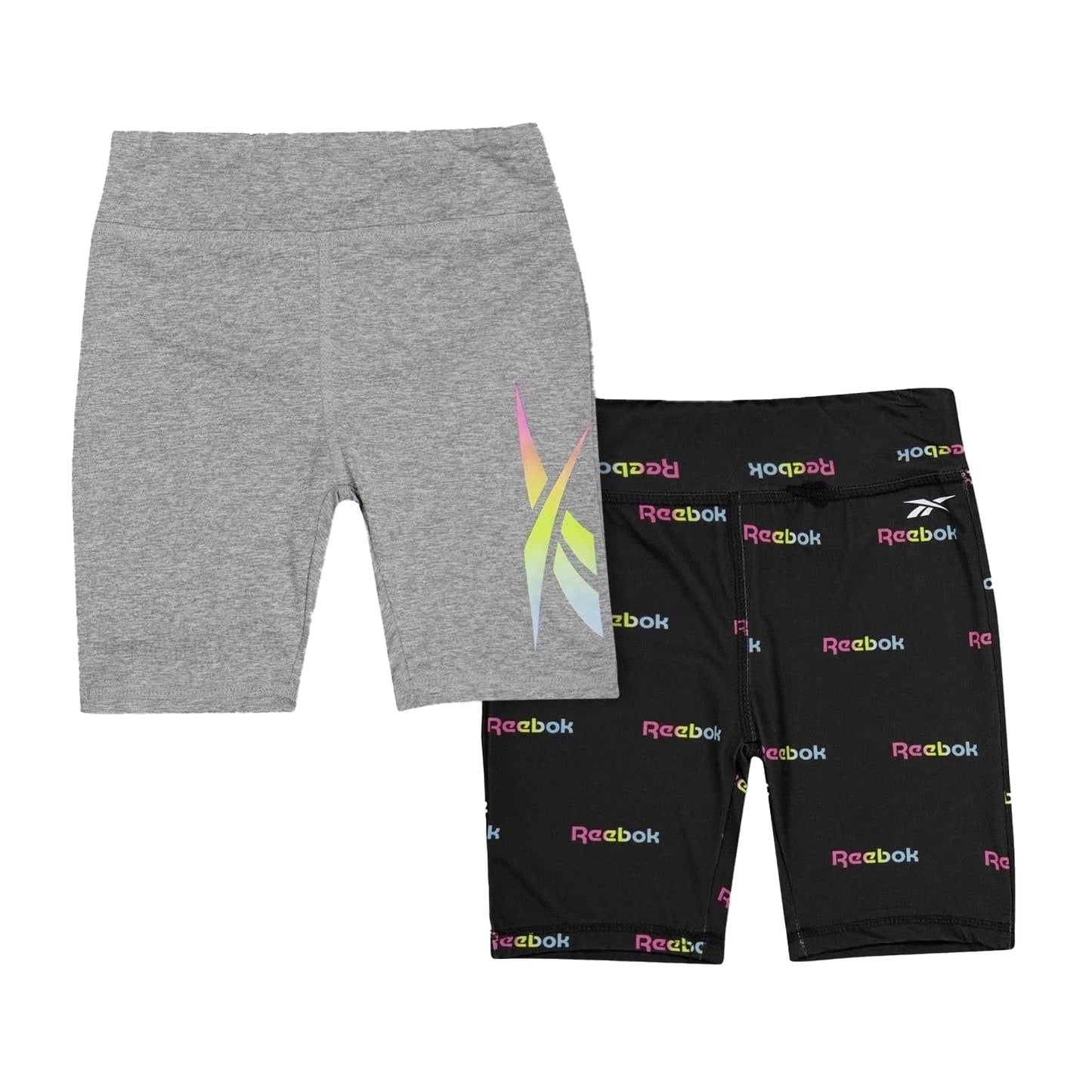 Black - Front - Reebok Girls All Over Logo Slim Shorts (Pack of 2)