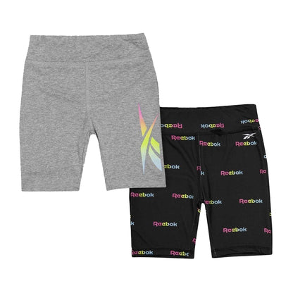 Black - Front - Reebok Girls All Over Logo Slim Shorts (Pack of 2)