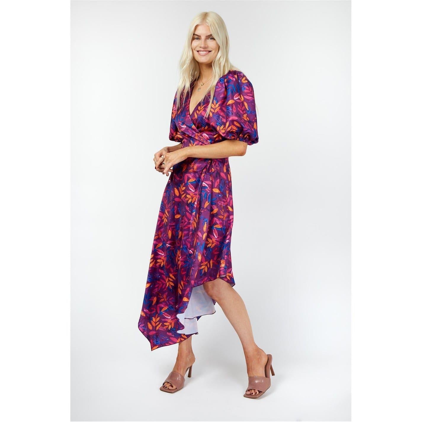 Purple - Back - Little Mistress Womens-Ladies Leaf Print Puff Sleeve Wrap Dress
