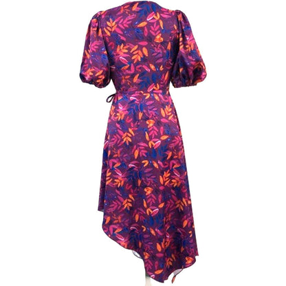 Purple - Side - Little Mistress Womens-Ladies Leaf Print Puff Sleeve Wrap Dress