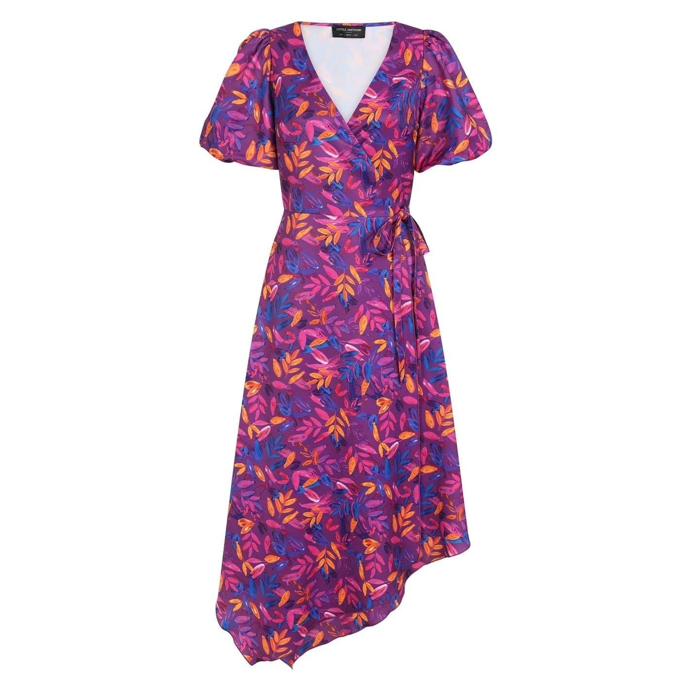 Purple - Front - Little Mistress Womens-Ladies Leaf Print Puff Sleeve Wrap Dress