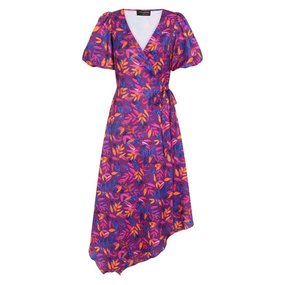 Purple - Front - Little Mistress Womens-Ladies Leaf Print Puff Sleeve Wrap Dress