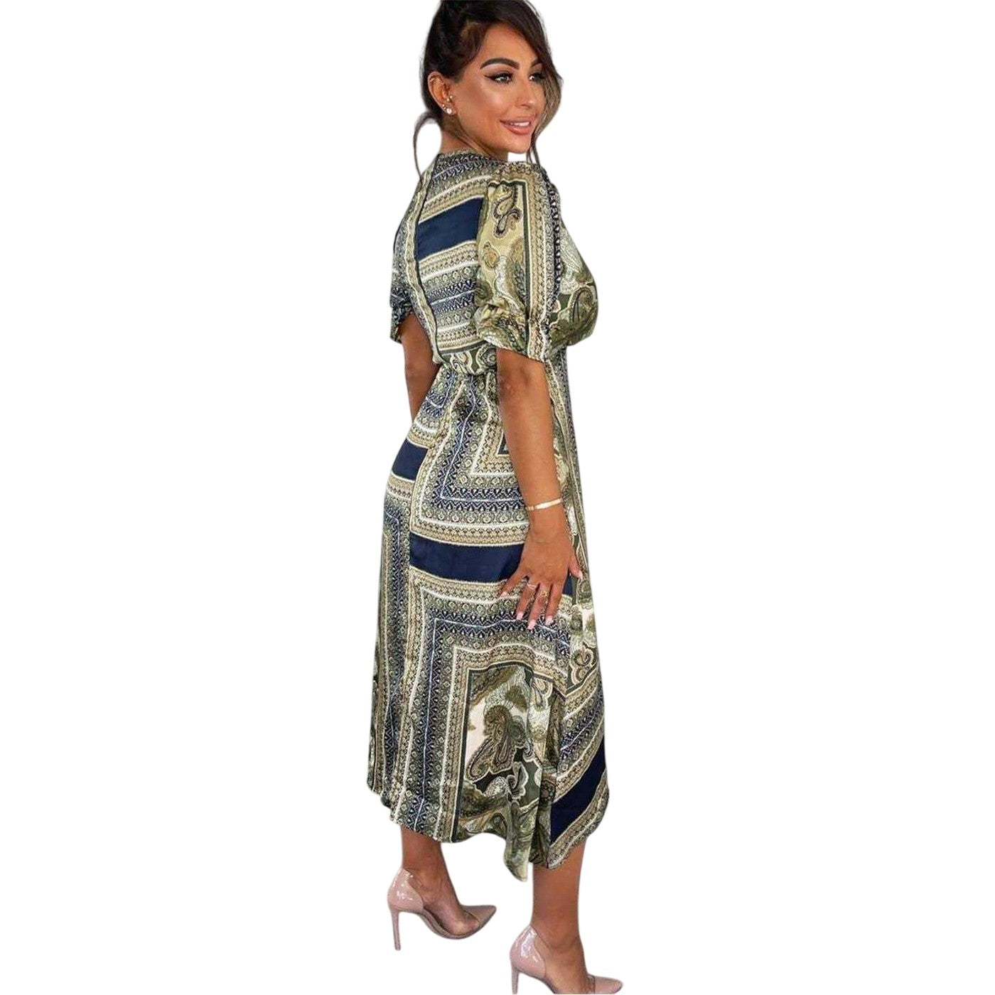 Khaki Green Print - Back - Ax Womens-Ladies Scarf Print Wrap Dress