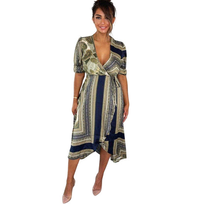 Khaki Green Print - Side - Ax Womens-Ladies Scarf Print Wrap Dress