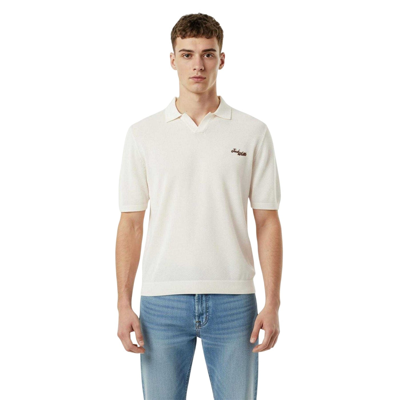 Beige - Side - Jack Wills Mens Knitted Relaxed Fit Short-Sleeved Polo Shirt