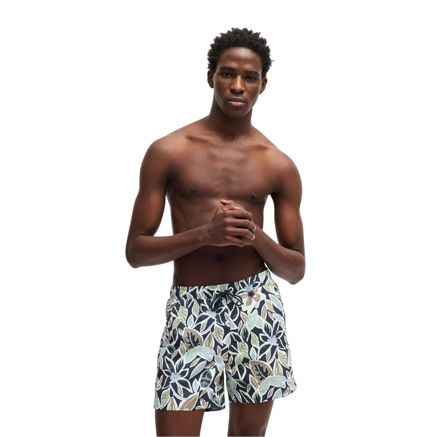Navy - Side - Hugo Boss Mens Floral Pattern Regular Swim Shorts