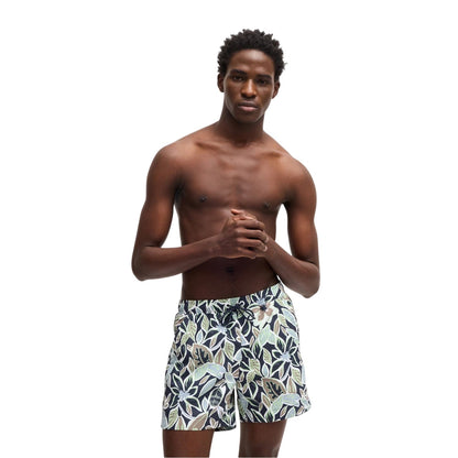Navy - Side - Hugo Boss Mens Floral Pattern Regular Swim Shorts