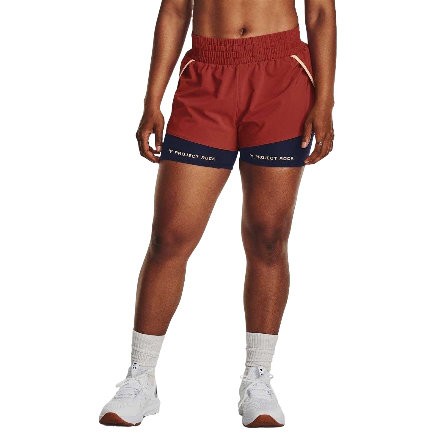 Red - Side - Under Armour Womens-Ladies Project Rock Layered Shorts