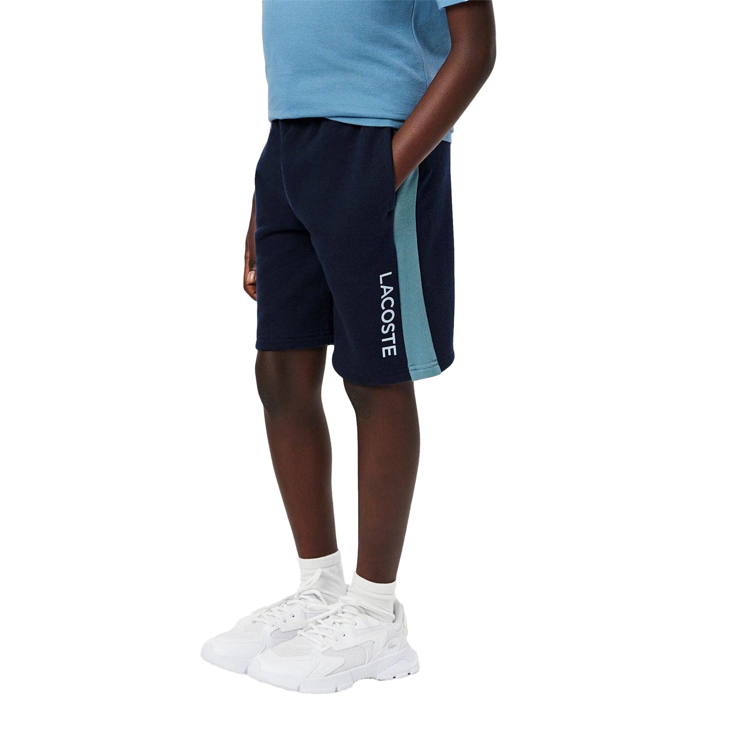 Navy - Side - Lacoste Childrens-Kids Fleece Colour Block Sweat Shorts