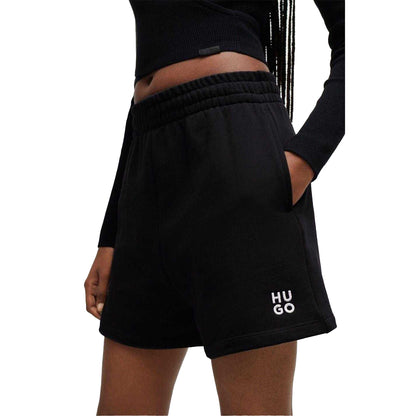 Black - Side - Hugo Womens-Ladies Cotton Elasticated Waist Sweat Shorts