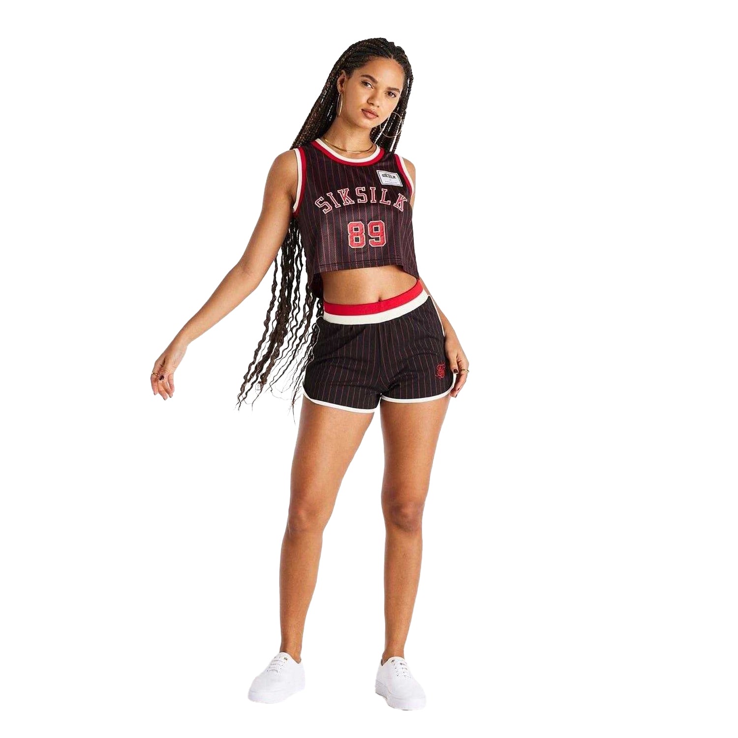 Black-Red - Lifestyle - SikSilk Womens-Ladies Pinstripe Athletic Basketball Shorts