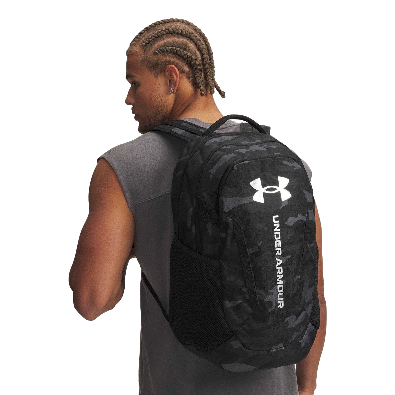 Black-Silver - Side - Under Armour Hustle 6.0 Camo Sport Backpack