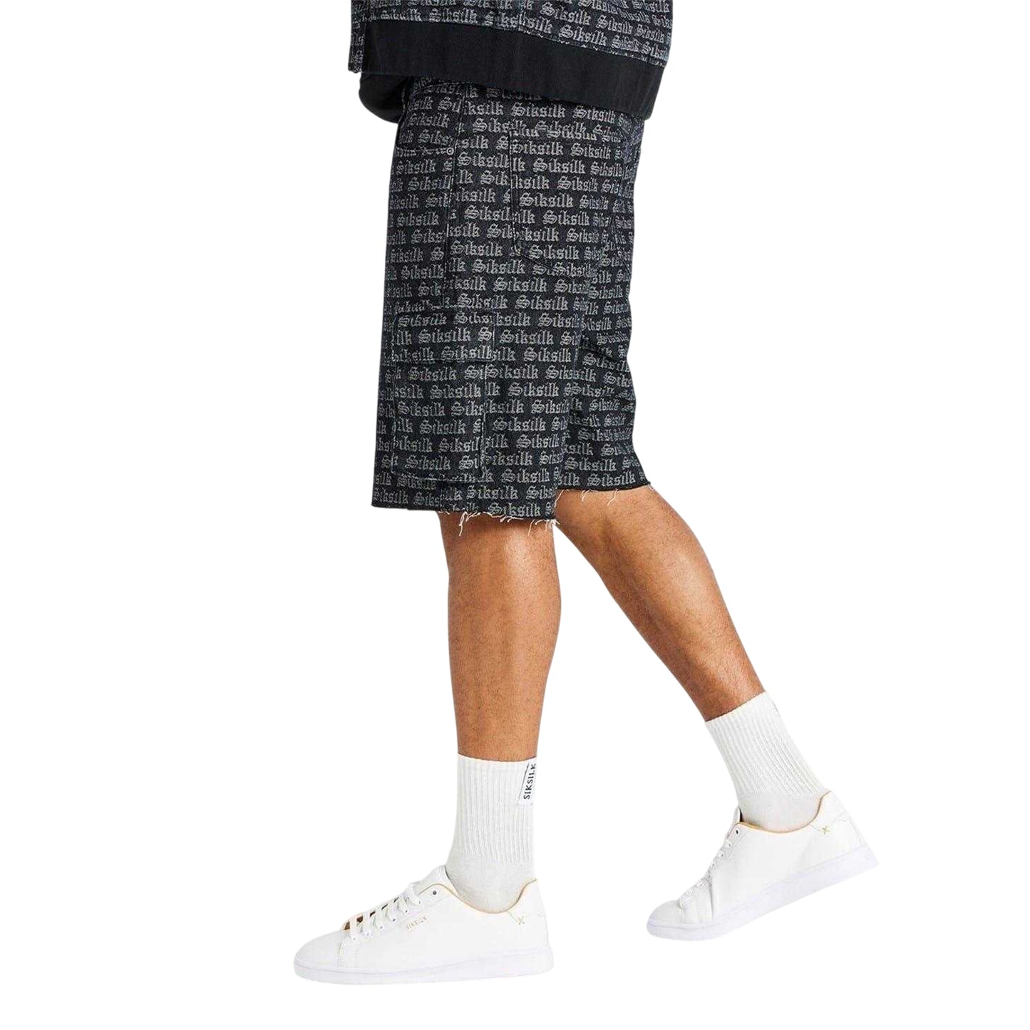 Black Print - Side - SikSilk Mens Lettering Print Relaxed Fit Cargo Shorts