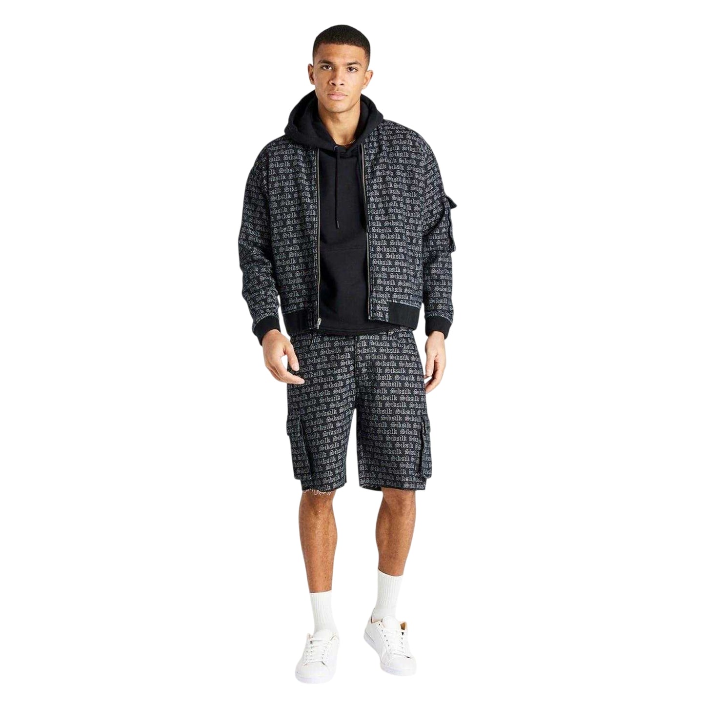 Black Print - Front - SikSilk Mens Lettering Print Relaxed Fit Cargo Shorts
