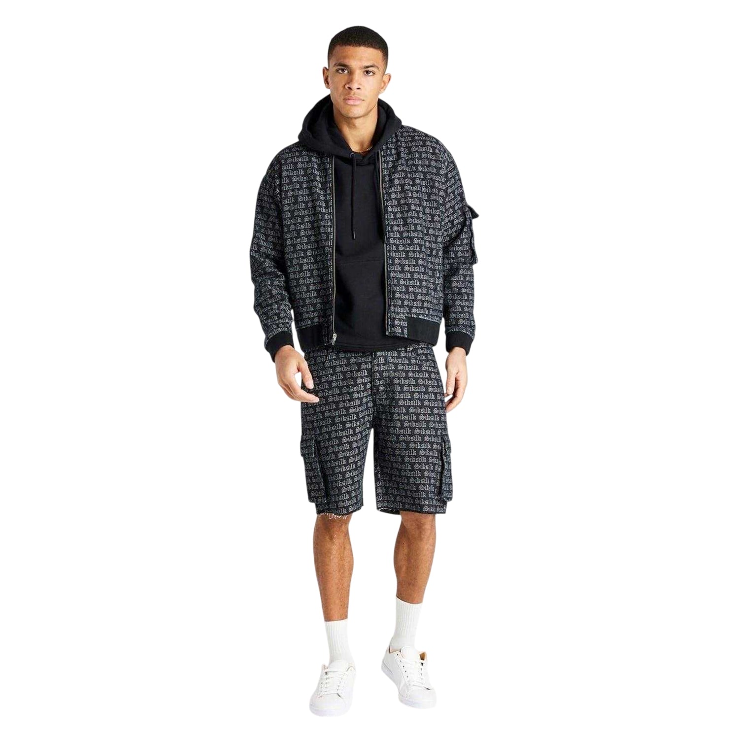 Black Print - Front - SikSilk Mens Lettering Print Relaxed Fit Cargo Shorts