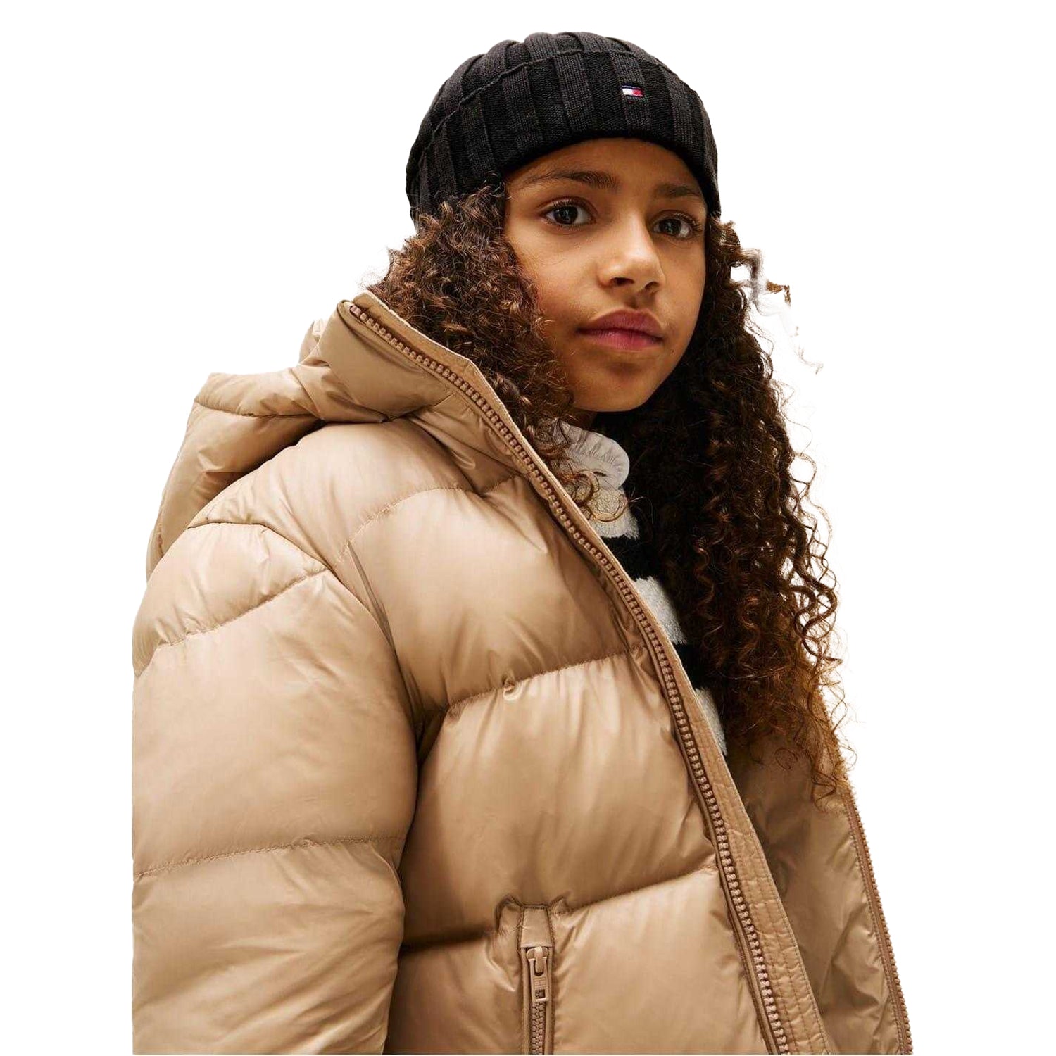 Black - Side - Tommy Hilfiger Childrens-Kids Logo Rib Knit Turn Up Beanie