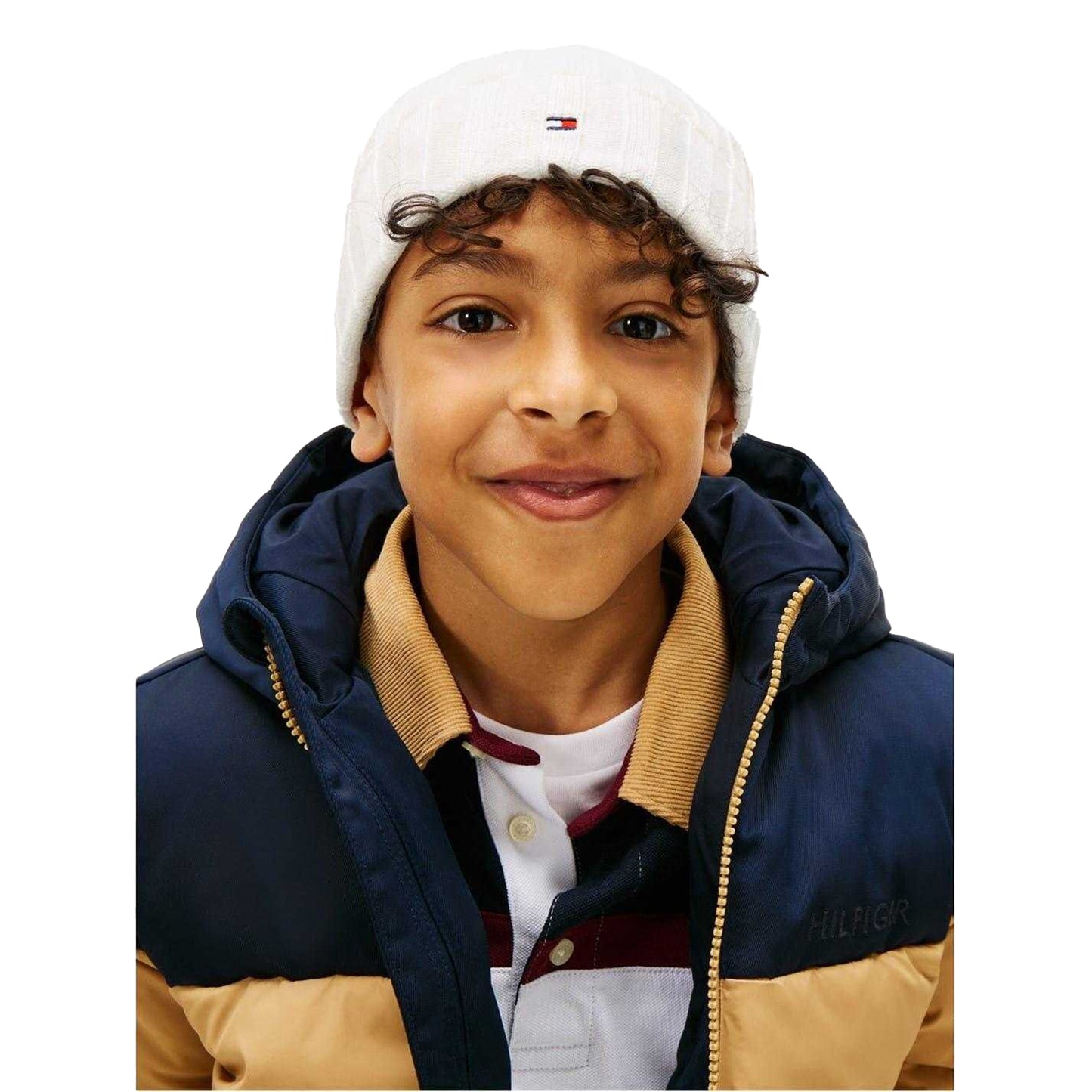White - Side - Tommy Hilfiger Childrens-Kids Logo Rib Knit Turn Up Beanie