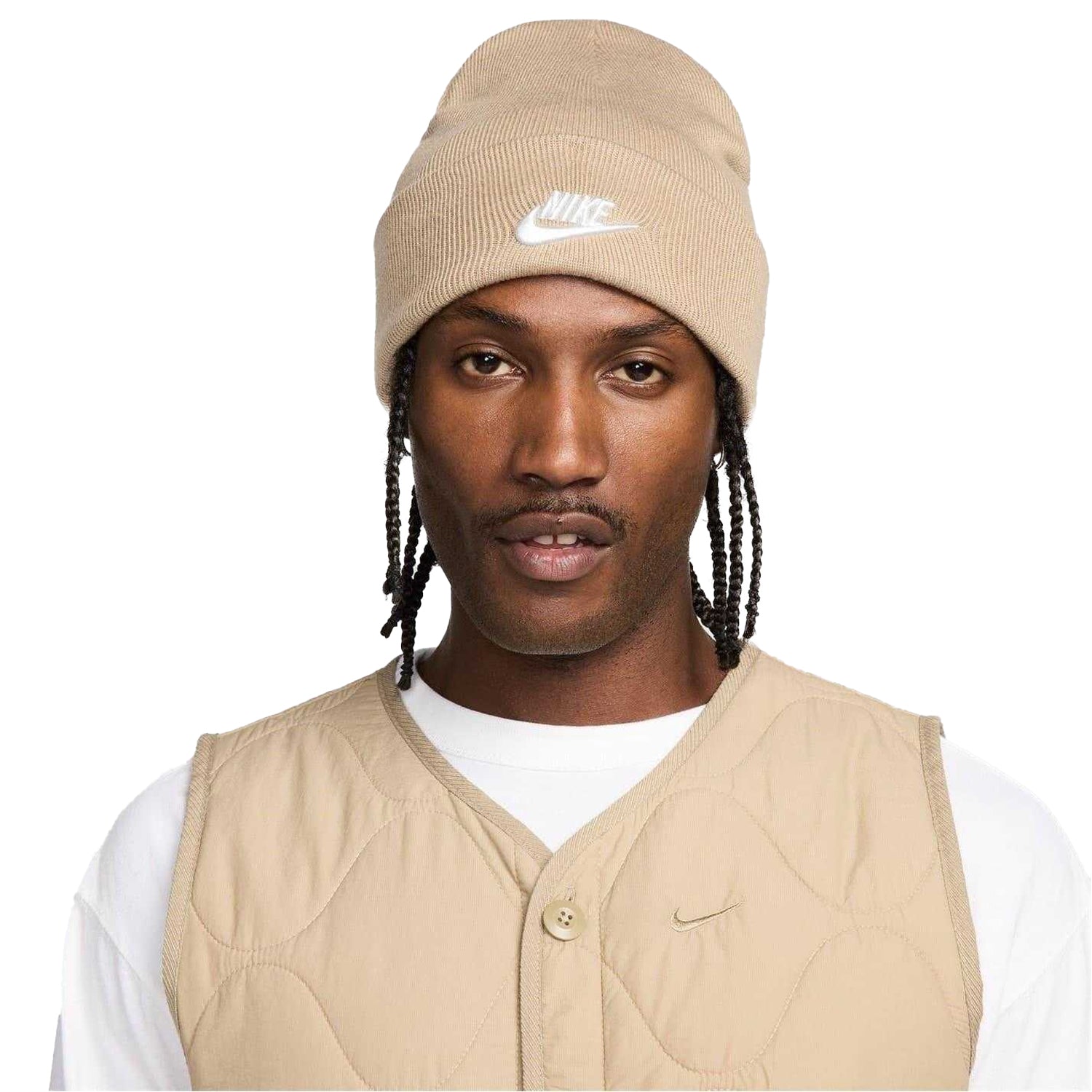Khaki-White - Front - Nike Unisex Adult Futura Wordmark Beanie