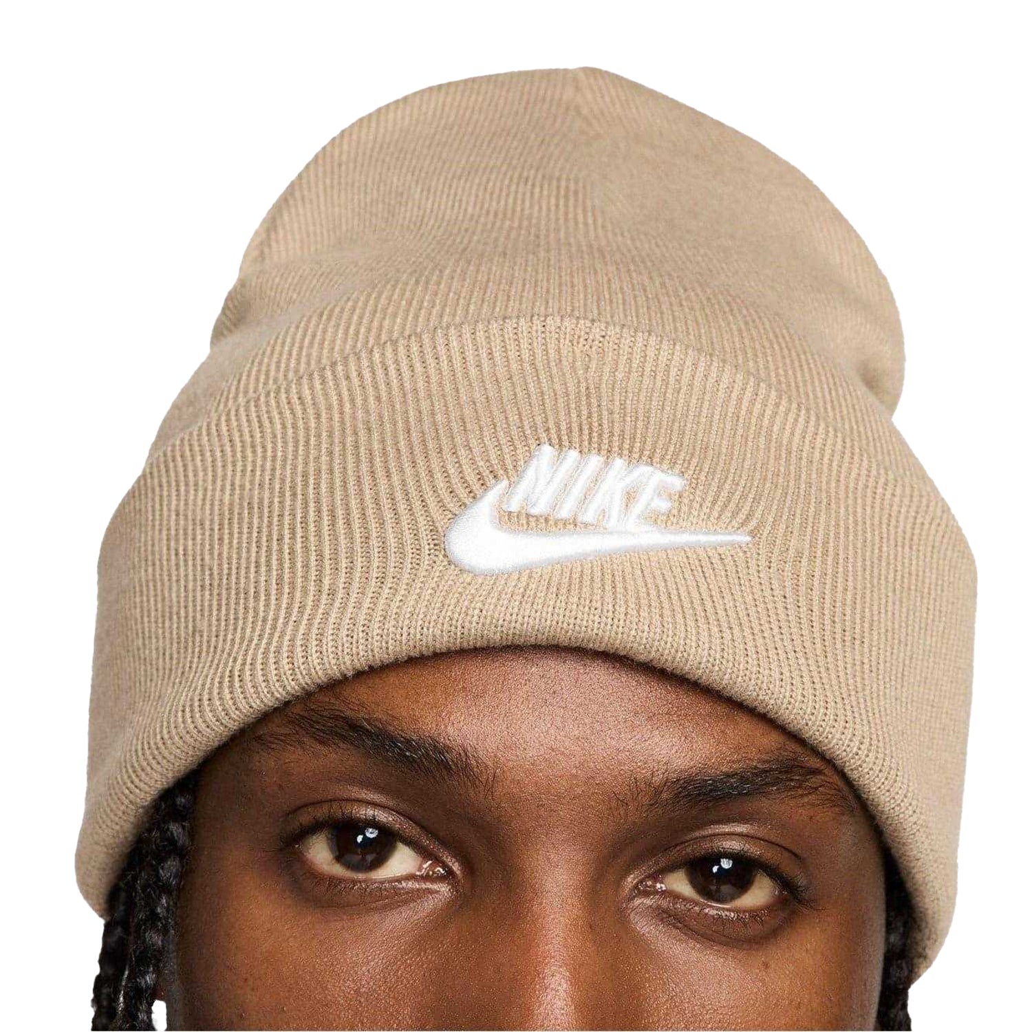Khaki-White - Side - Nike Unisex Adult Futura Wordmark Beanie