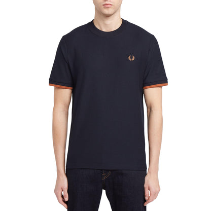 Navy - Side - Fred Perry Mens Tipped Pique Cuffed T-Shirt