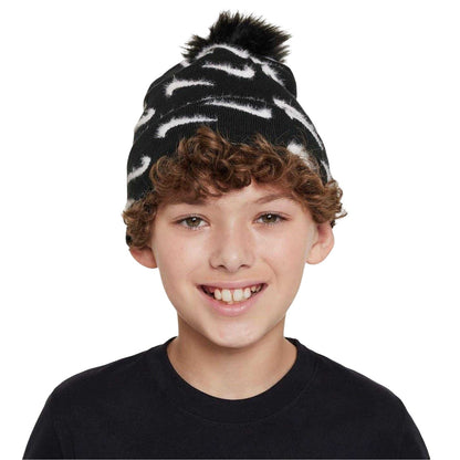 Black-White Melange - Side - Nike Childrens-Kids Pom Pom Beanie