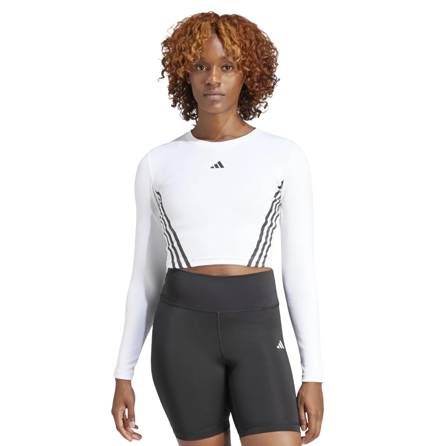 White-Black - Side - Adidas Womens-Ladies Hyperglam Aeroready Long-Sleeved Crop T-Shirt